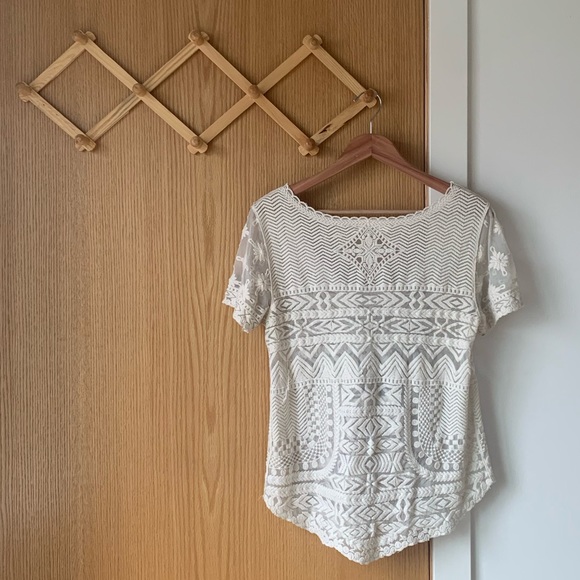 ANTHRO Ivory Embroidered Lace and Mesh Top - Picture 2 of 7